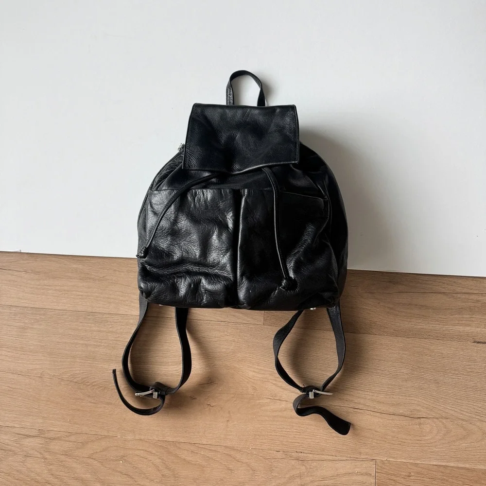 Perlina New York Black Leather Backpack Drawstring Flap Bag Vintage Style